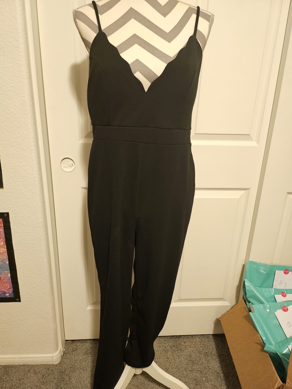 bailey blue Black Scallop V-Neck Jumpsuit with Thin Straps